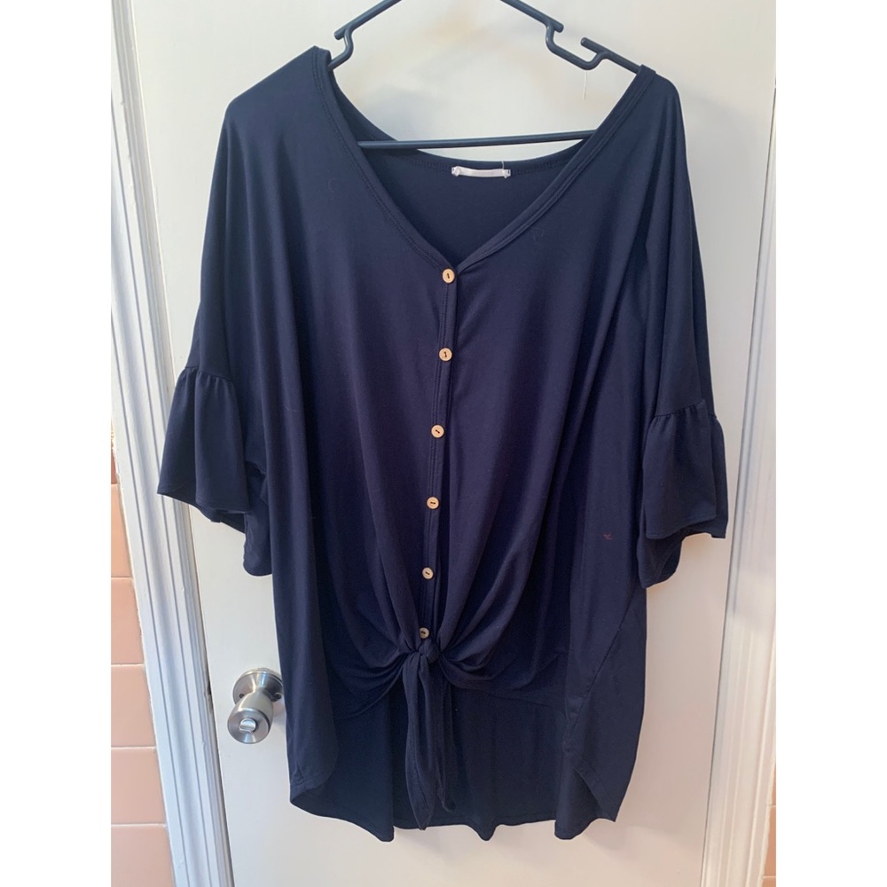 Navy button up tie top - Picture 1 of 2